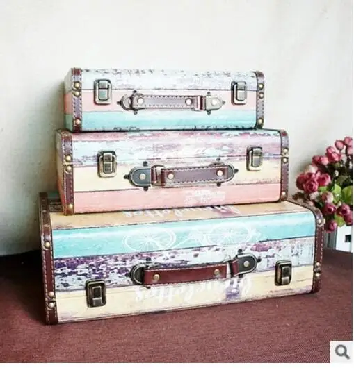 

Three sets Factory direct Color leather suitcase wooden case wood leather suitcase photography props decoration Home statue