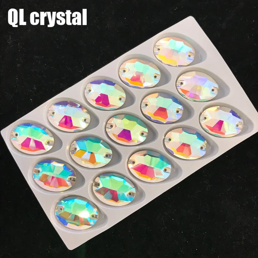 QL Кристалл Овальный пришить стразы ясно, Crystal AB Flatback 2 круглых отверстия для DIY одежды сумки обувь аксессуары