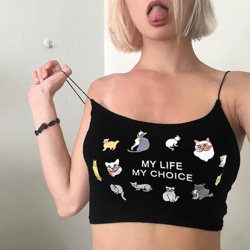 HEYounGIRL повседневный черный топ на бретельках с принтом, без рукавов, с открытой спиной, милый укороченный Топ для женщин, уличная одежда, Cami, топы, футболки для девушек