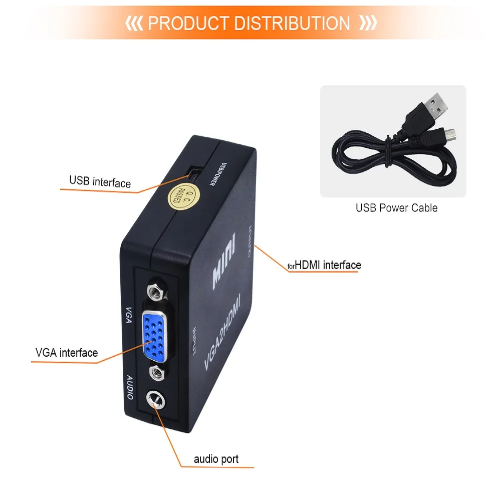 TISHRIC Mini VGA2HDMI преобразователь из VGA в HDMI адаптер с аудио кабелем USB Power Male to Female