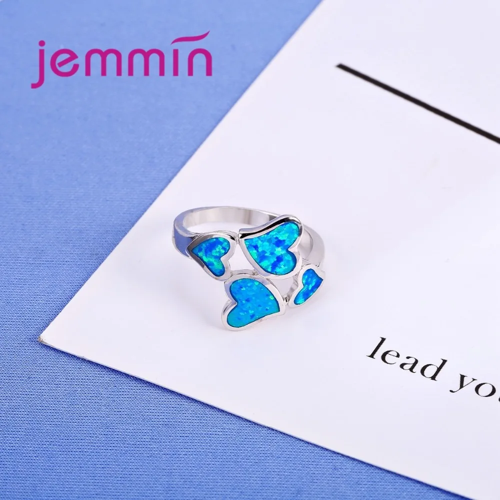 Уникальный дизайн голубой огненный опал Обручение кольцо 4 сердца 925 пробы
