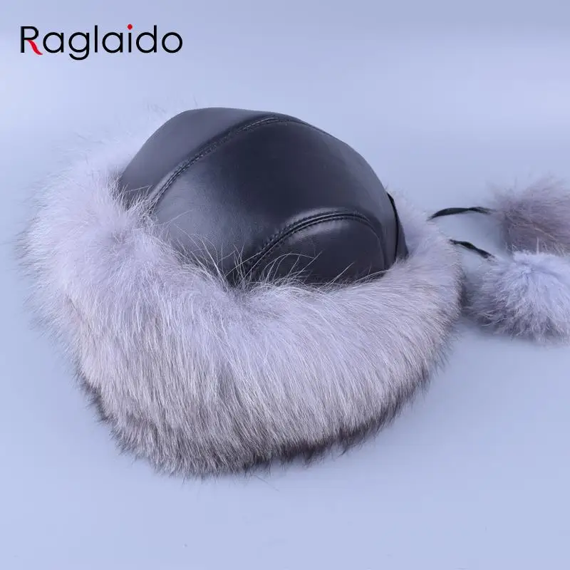 Raglaido Real Fox Fur Bomber Hat for Women with Leather Thick Warm Sheepskin 56-60cm Lady Winter Caps LQ11190