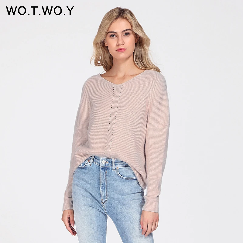 WOTWOY 2020 Autumn Winter Blue Knitted Pullovers Women Long Sleeve V-neck Cashmere Sweaters Casual Korean Female Jumper | Женская одежда