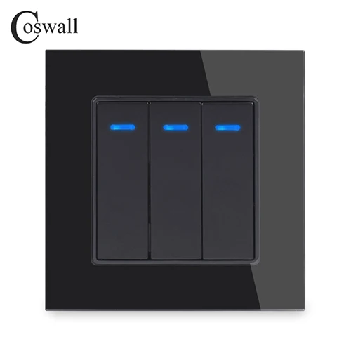 Black Coswall Роскошная обувь с украшением в виде кристаллов закаленное Стекло Панель 3 местный 1 позиционный светильник Переключатель ВКЛ/ВЫКЛ настенный выключатель с Светодиодный индикатор 16A AC 250V - Цвет: Black
