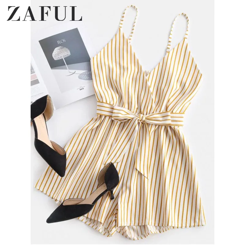 

ZAFUL Self Tie Waist Striped Cami Romper 2019 Mid Waist Sleeveless Casual Playsuit Summer Belted Straight Leg Women Romper