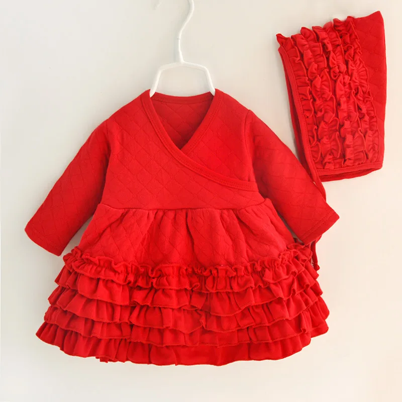 red little thick Новое Осеннее Хлопковое платье с оборками для маленьких девочек, с капюшоном, красные, розовые платья принцессы, комплект одежды для маленьких девочек подарок для новорожденных, 3 мес., 6 мес., 9 месяцев - Цвет: red little thick