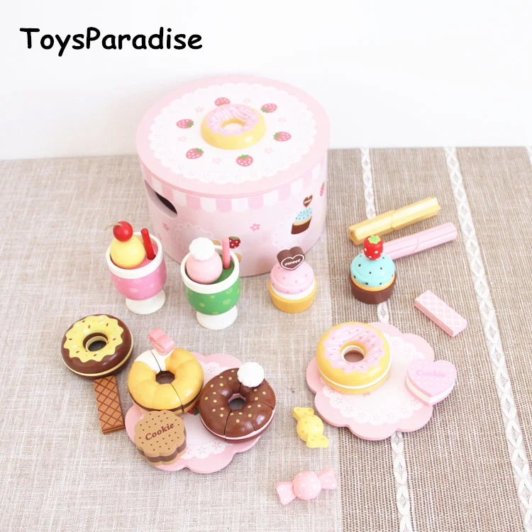 Baby Toys Strawberry Simulation Doughnut Set Wooden Toys For Kids Afternoon Tea Cake Child Educational Birthday Gift