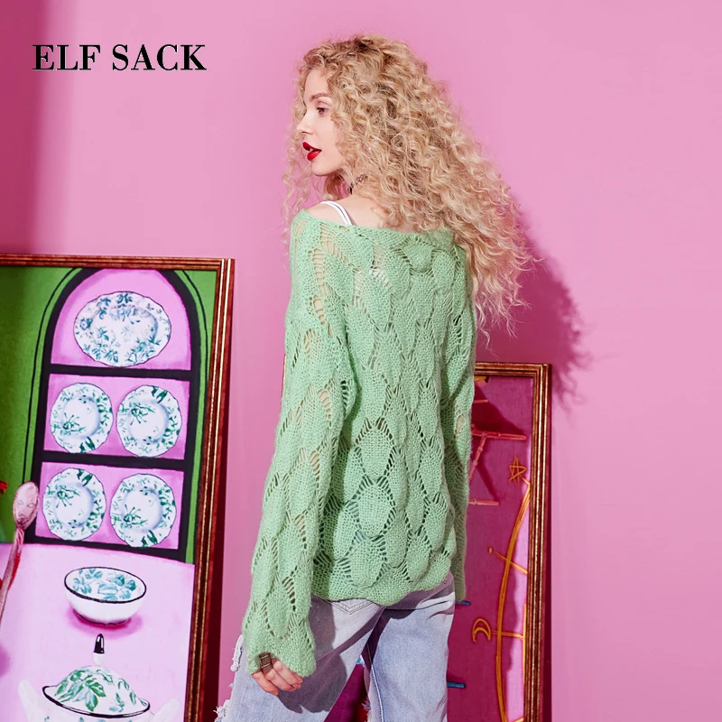 ELF SACK New Oversized Woman Sweater Casual Solid O-Neck Hand Knitted Full Women Pullovers Sweet Streetwear Hollow Femme Tops | Женская