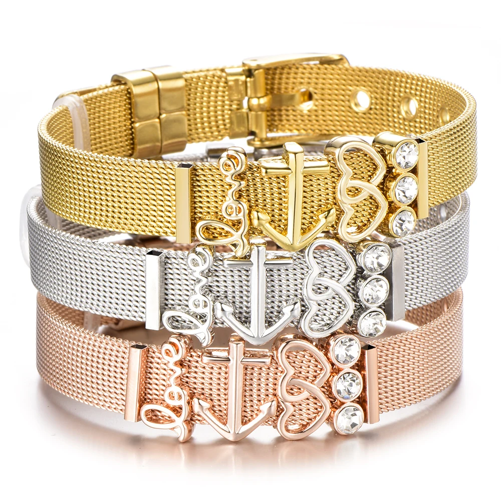 

2019 Strap Mesh Bracelet For Women Anchor Love Heart Lock Charms Metal Wristband Rose Gold Silver Color Brand Bracelet&Bangle