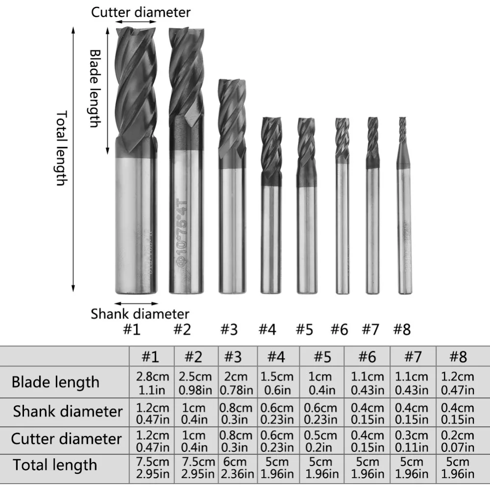 

8pcs 2-12mm 4 Flutes Carbide End Mill Set Tungsten Steel Milling Cutter Tool Kit