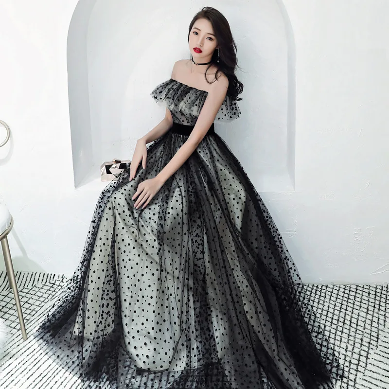 strapless Это YiiYa вечернее платье с узором в горошек, черные элегантные вечерние платья, сексуальные платья с вырезом лодочкой и оборками, Длинные вечерние платья на шнуровке E078 - Цвет: strapless