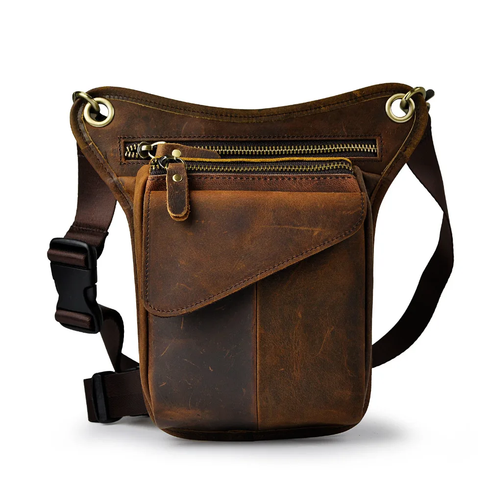 Original Leather men Brown Casual Fashion Small Shoulder Messenger Bag Designer Travel Belt Waist Pack Drop Leg Bag Male 211-3-d images - 6