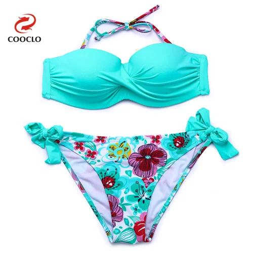 COOCLO, бикини,, Цветочный Холтер, бикини, набор, пуш-ап, купальник для женщин, купальник для плавания, купальник, винтажная пляжная одежда, бикини - Цвет: green