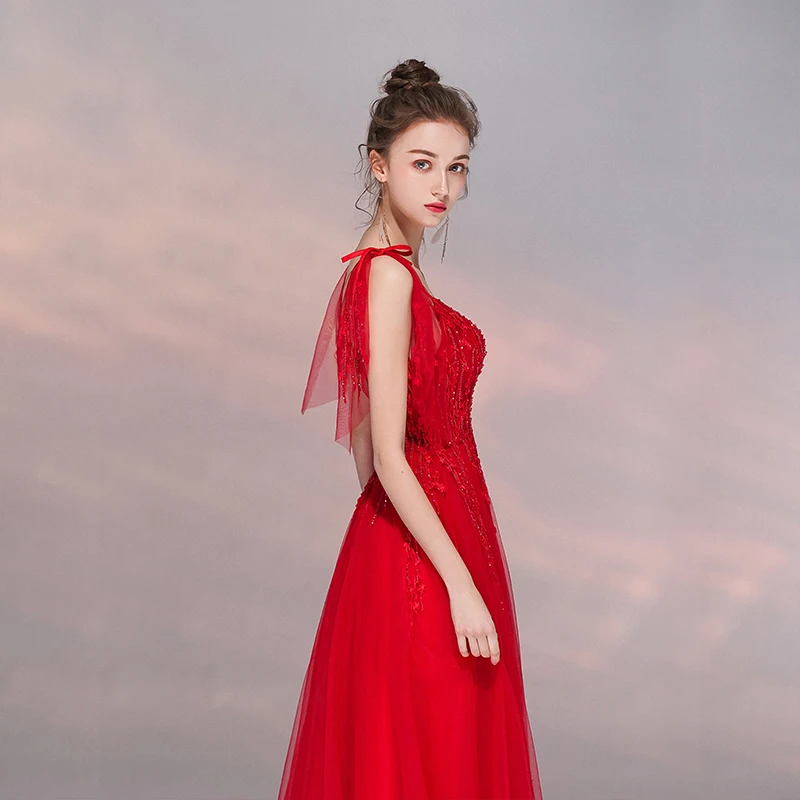 Ssyfashion 2019 Новое красное вечернее платье для свадьбы и банкета элегантная v