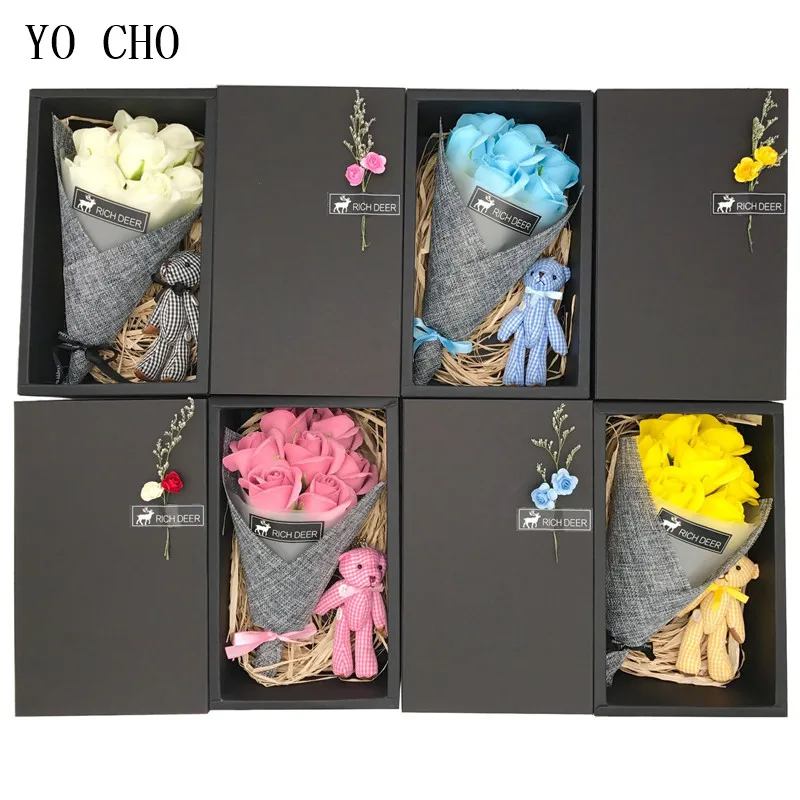 

YO CHO 7 Heads Rose Bear Soap Flower Carnation Artificial Flower Valentine's Day Mother's Day Party Gifts Box Home Wedding Decor
