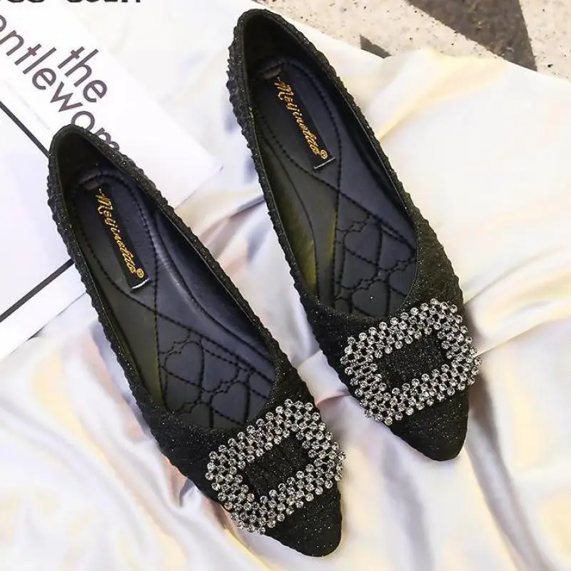 Women Rhinestone Buckle Flat Shoes Bling Glitter Crystal Loafers Slip On Pointed Toe Flats Casual Ladies Ballet Ballerina | Обувь