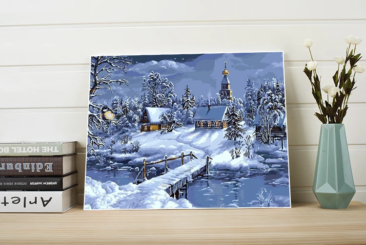 Краска, живопись маслом по номерам, пейзаж, Зимний снег, сцена, сделай сам, акриловая раскраска, искусство, холст, Настенная картина для гостиной, для взрослых, рисунок