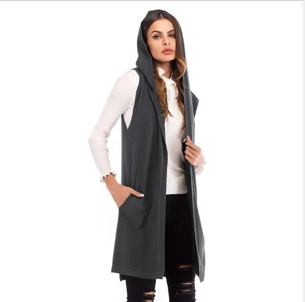 

Knitted Cardigan Women Vest Spring Autumn Loose Long Hooded Open Stitch Top Black/Grey/Green Double Pockets Knitting Vests Hot