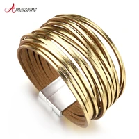 amorcome gold color leather bracelets for women multilayers wide wrap bracelets bangles female party jewelry gift