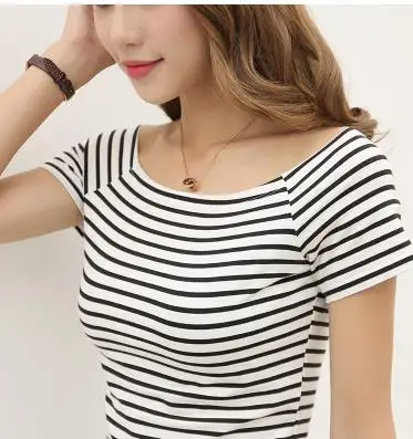 Poleras de mujer, Футболка женская, модная футболка, короткий рукав, повседневная, в полоску, с вырезом лодочкой, белая, BF стиль, топы, футболка, элегантная - Цвет: 1