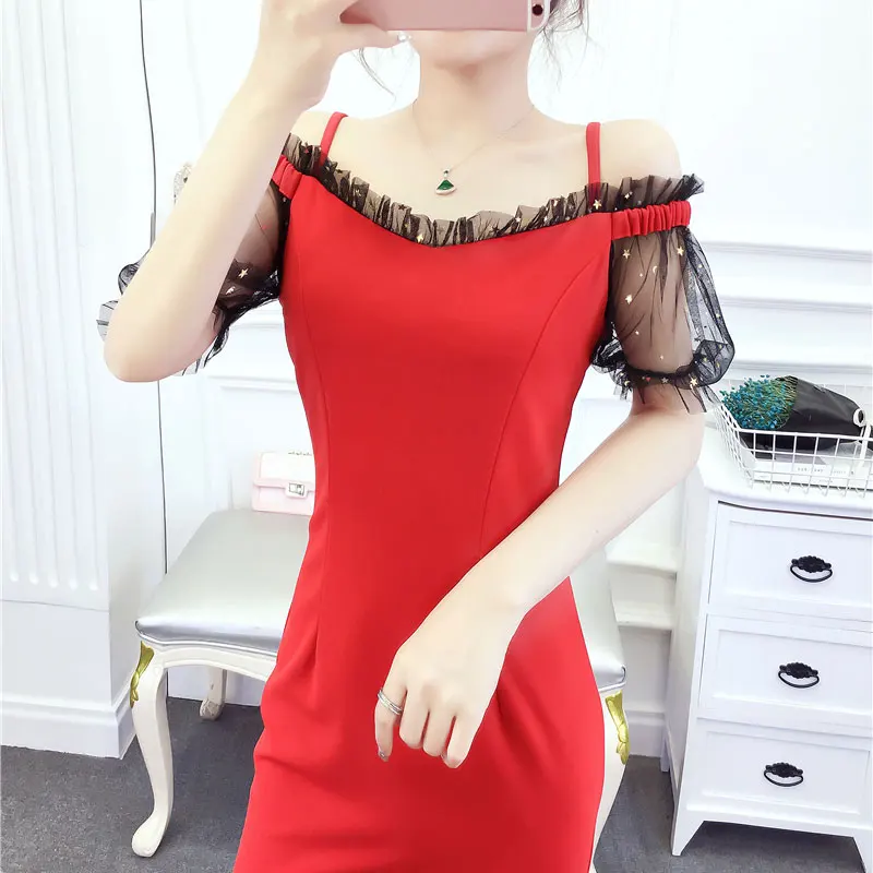Корея 2019 Лето Новое модное с лямками звезды блестки сетки сшивание длинное