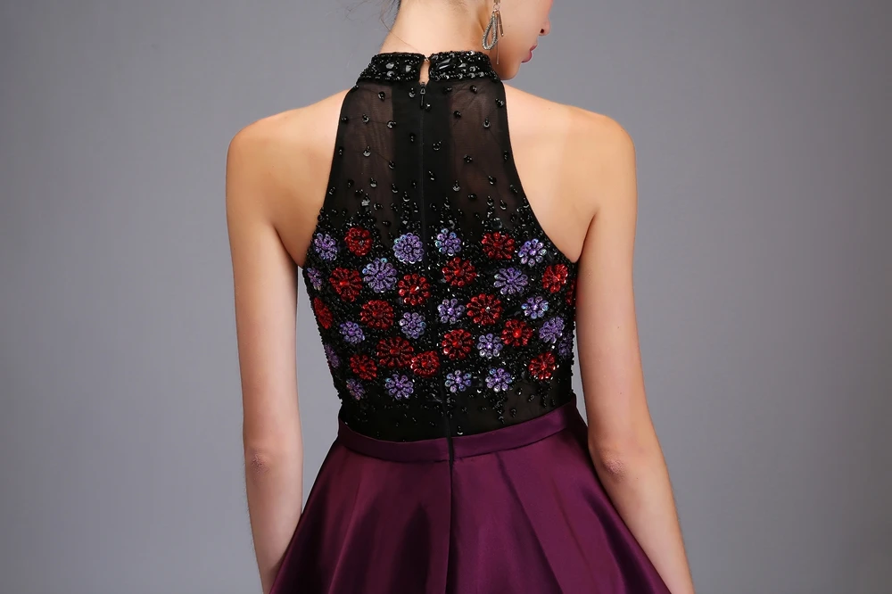 Luxury Evening Dress High-end Custom Purple Satin Halter Beading High-slit Sweep Train Prom Party Formal Gown |