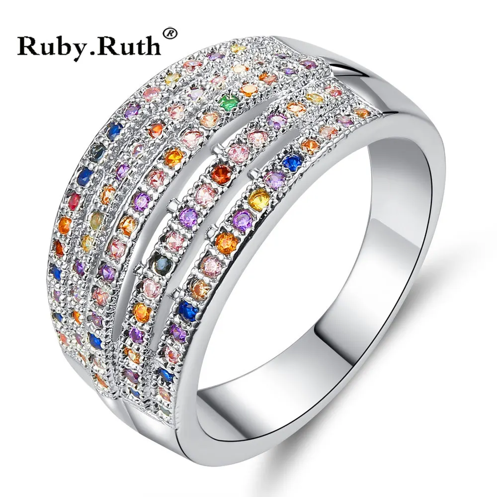 Женское Обручальное кольцо разноцветное с цирконием романтичный серебристый
