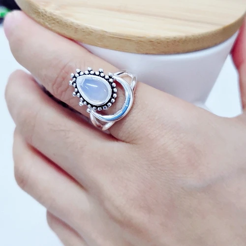 Белый Charm Large Antique Brand Marquise Moonstone Rings 925 Silver Women's Vintage Punk Jewelry Ring Unique Anniversary Party Gift - Цвет камня: Белый