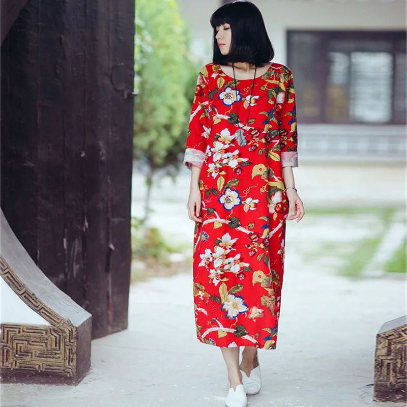 SCUWLINEN 2019 Восточной Стиль Весна Повседневные платья с длинным рукавом Цветочный
