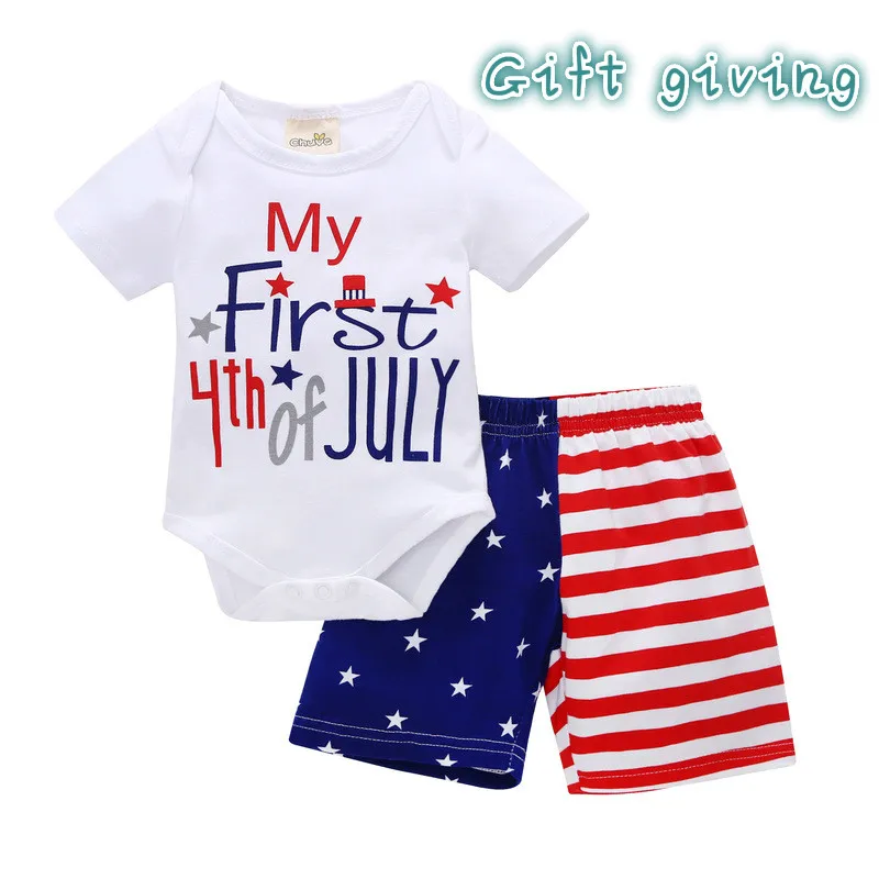 Infant Baby Boy Girl Clothes Cotton comfortable Letter pattern Bodysuit+American Flag Stripe shorts Kids 2pcs Outfit Set | Детская