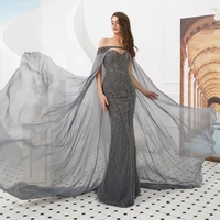 large cloak mermaid evening dress 2019 strapless formal party gown grey rhinestones decoration homecoming dress robe de soiree