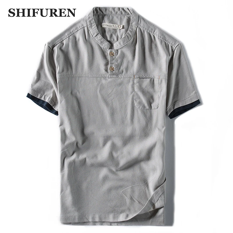 Рубашка SHIFUREN мужская с коротким рукавом повседневная сорочка из хлопка и льна