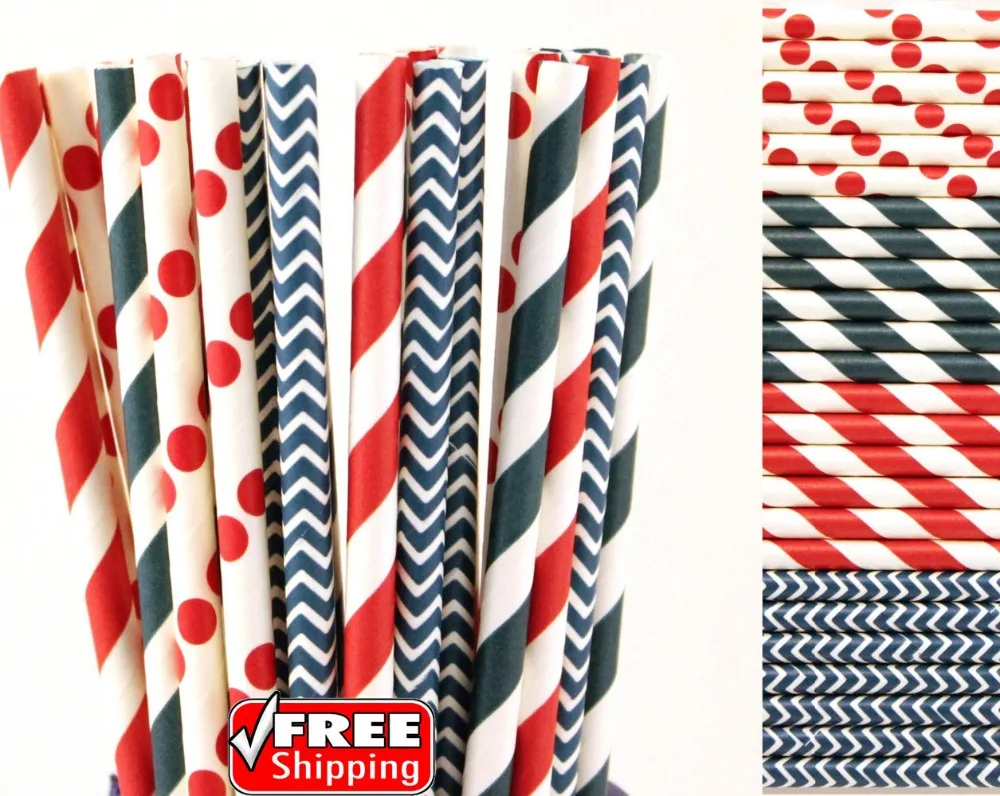 

200pcs Mixed 4 Designs Navy Blue and Red Themed Paper Straws-Polka Dot,Striped,Chevron Patriotic 4th of July Independence Day