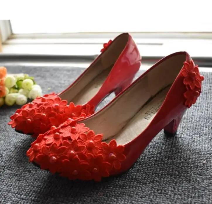 

Red laces flowers party pumps shoes woman 5cm heel handmade sweet ladies firl ceremony banquet dancing dress shoes red