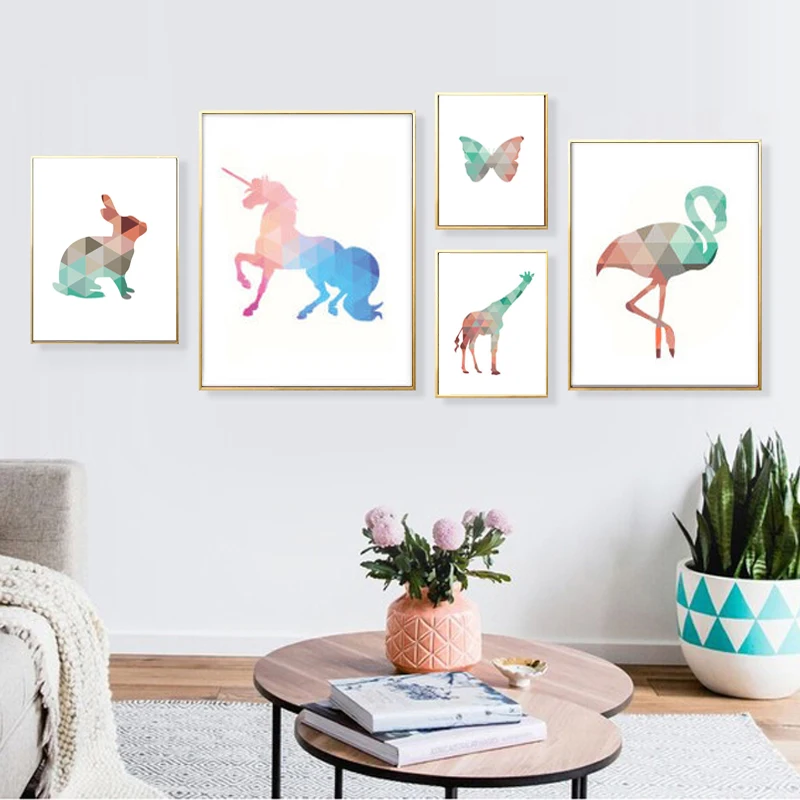 Милый Единорог настенный Холст плакат для детской красочной геометрии бабочка