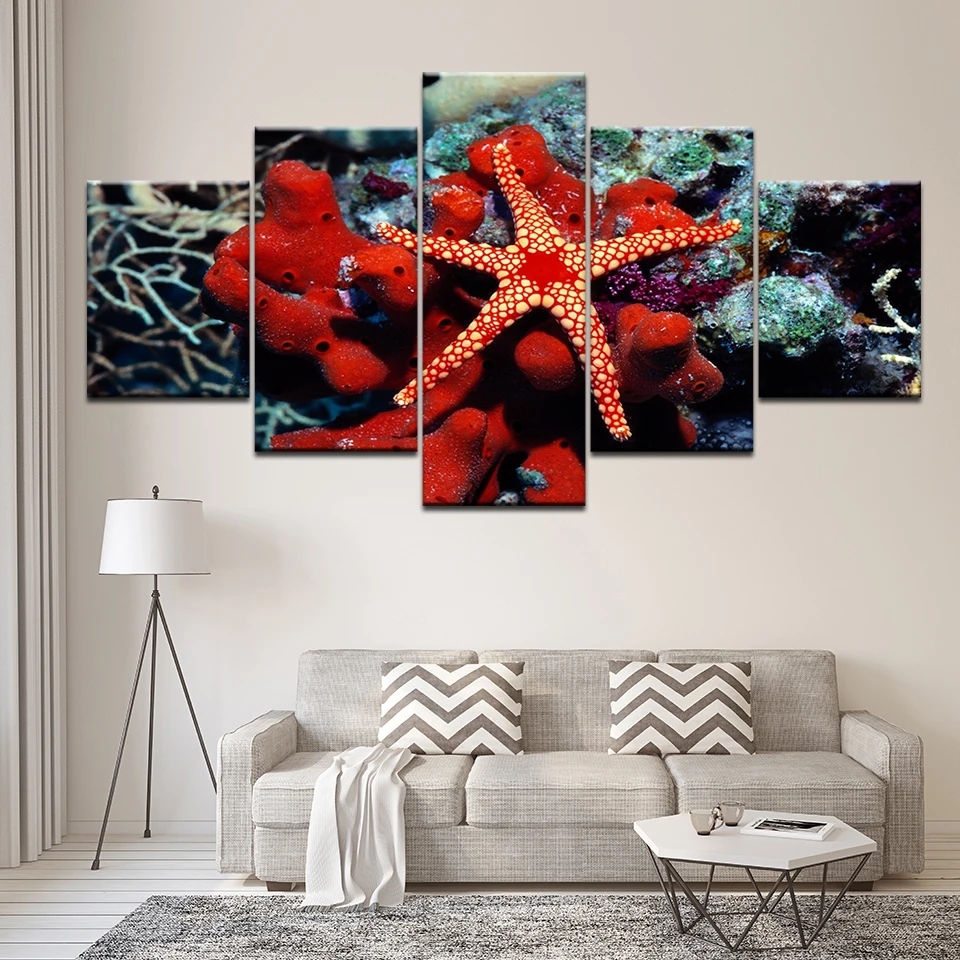 Подводных существ красный кораллы морские звезды Wall Art Печать на холсте картина 5