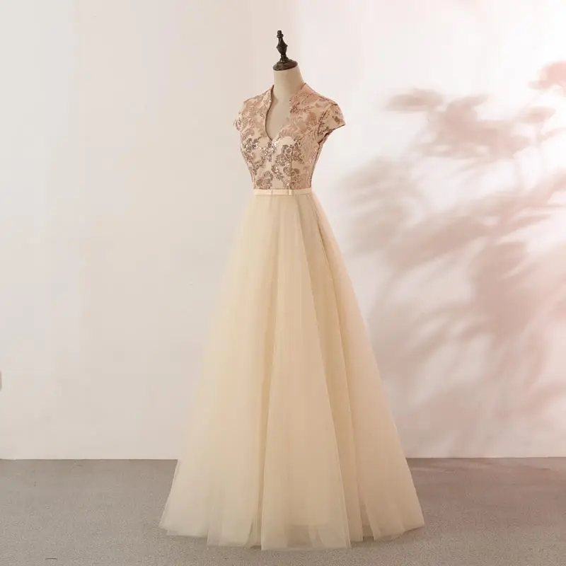 FADISTEE Новое поступление вечерние элегантные платья для выпускного вечера Vestido de Festa платье Robe De Soiree кружева v-образным вырезом блесток платья цвета шампанского