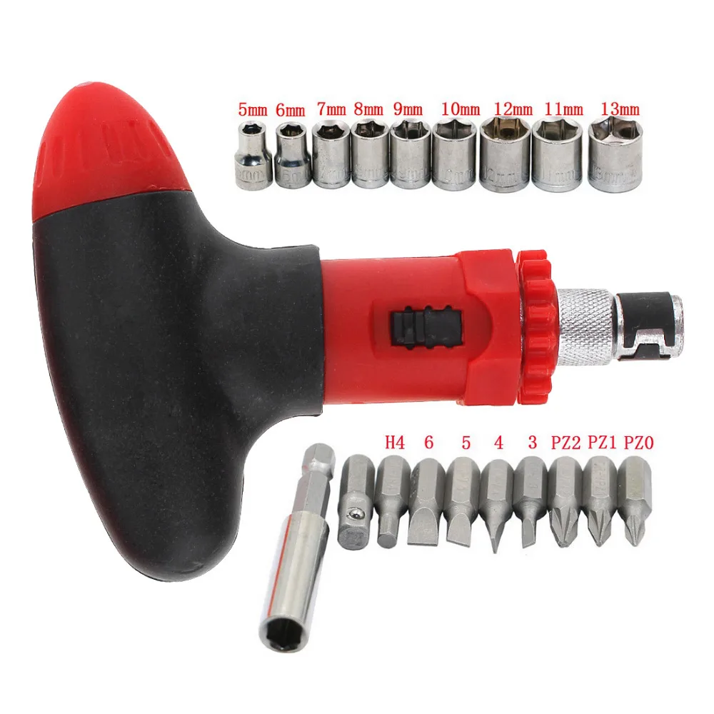 

New T-type Ratchet Screwdriver Wrench S2 Bit Multifunction Hand Tool Sets + 19pcs S2 Bit and Socket Head