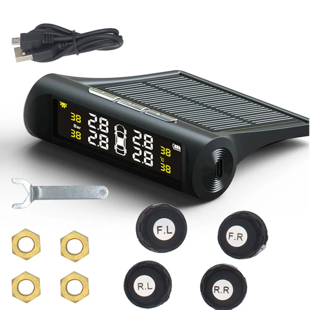 USB или солнечная зарядка автомобиля TPMS система контроля давления в шинах HD цифровой ЖК-дисплей Автосигнализация инструмент беспроводной 4 внешних датчика
