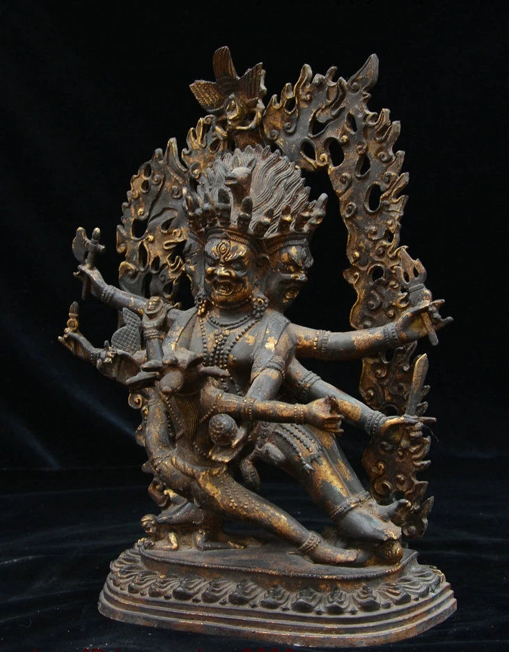 12&quot Tibet Bronze Gilt Mahakara Mahagora Mahakala Wrathful Deity Kwan-yin Statue | Дом и сад