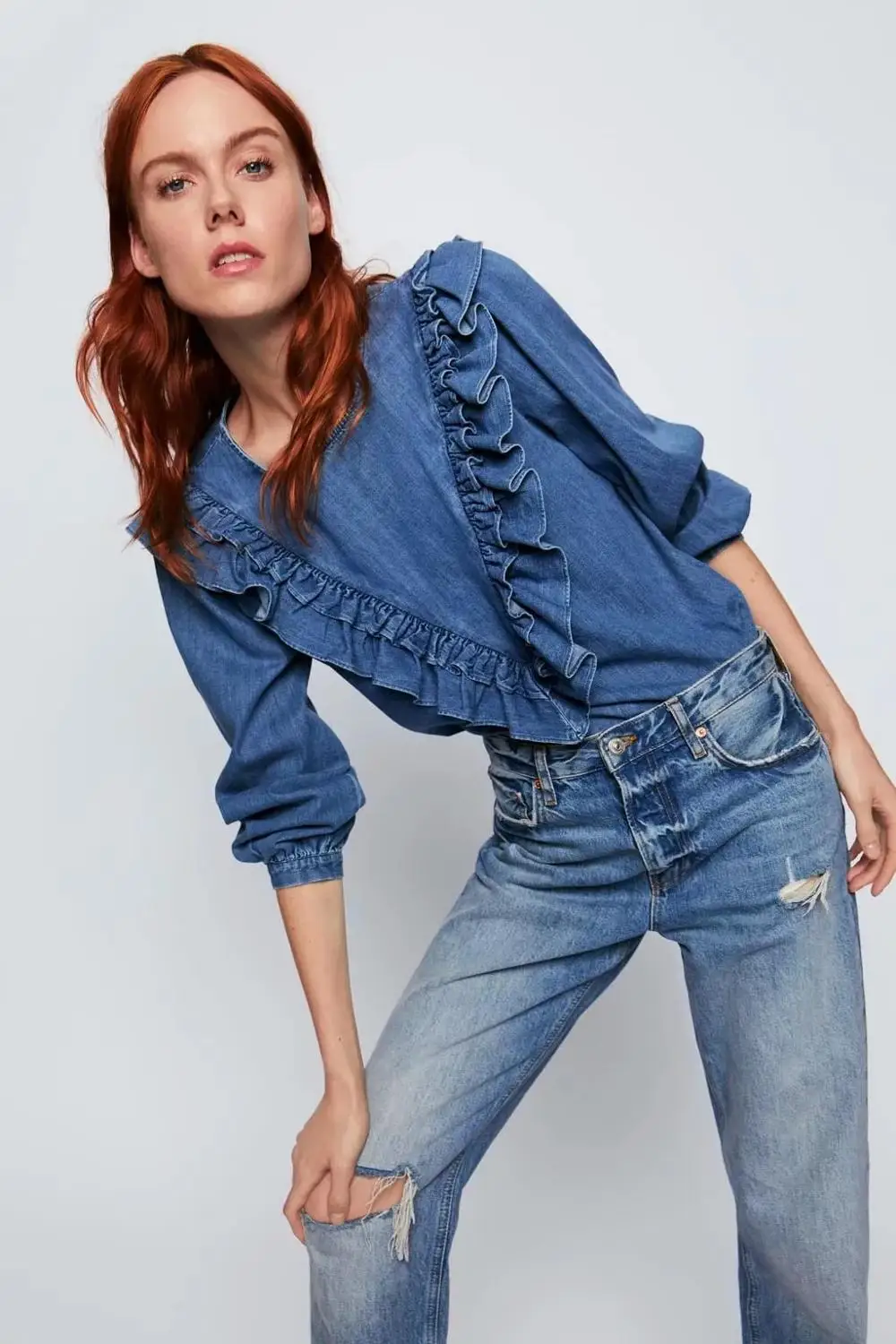 Northflow 2019 blusas блуза mujer de moda кимоно каскадные оборки однотонные джинсовые блузки с