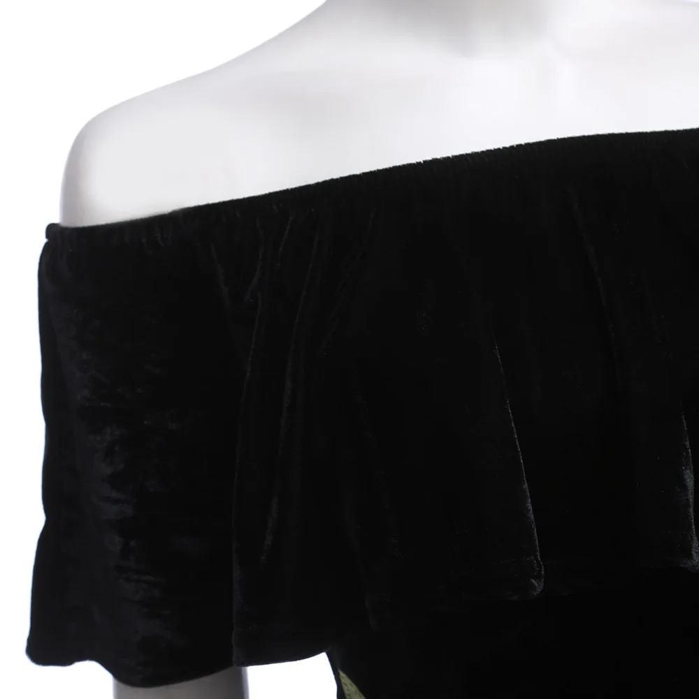 Bodycon Dress Sexy Slash Шеи С Плеча Черный Бархат Цветочные Вышивка Тонкий Партия Стретч