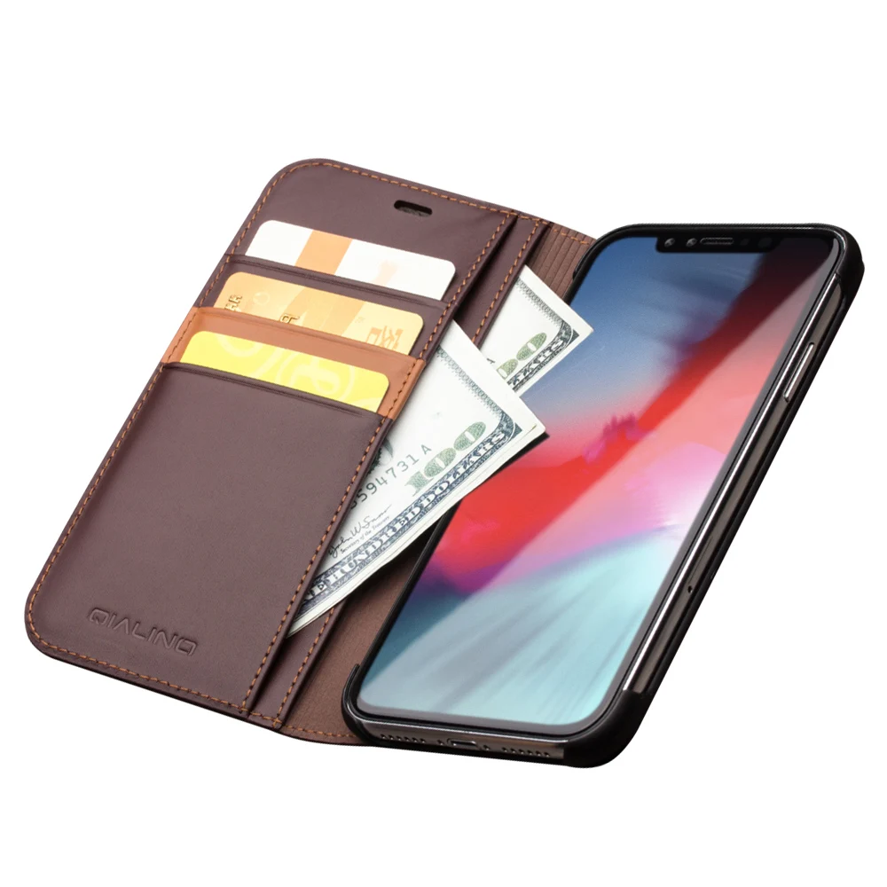 

QIALINO Case for Iphone XS MAX Luxury Handmade 100% Genuine Leather Wallet Bag for iPhoneXS MAX slots for cards