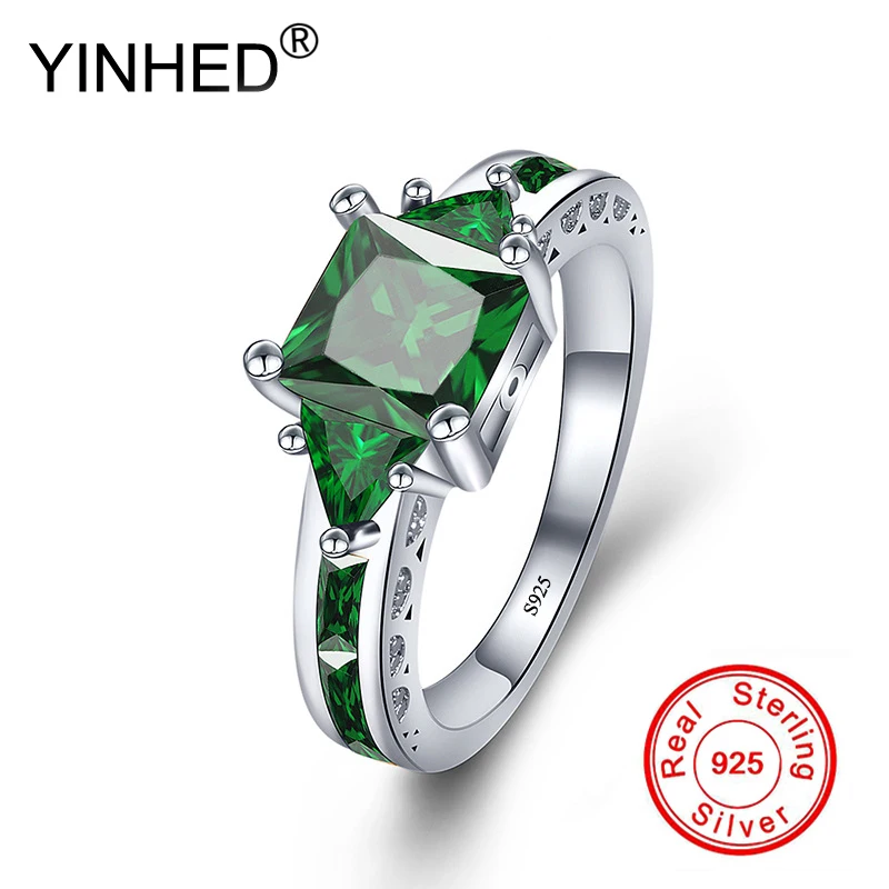 Женское кольцо из серебра 925 пробы YINHED квадратное с зеленым кубическим цирконием