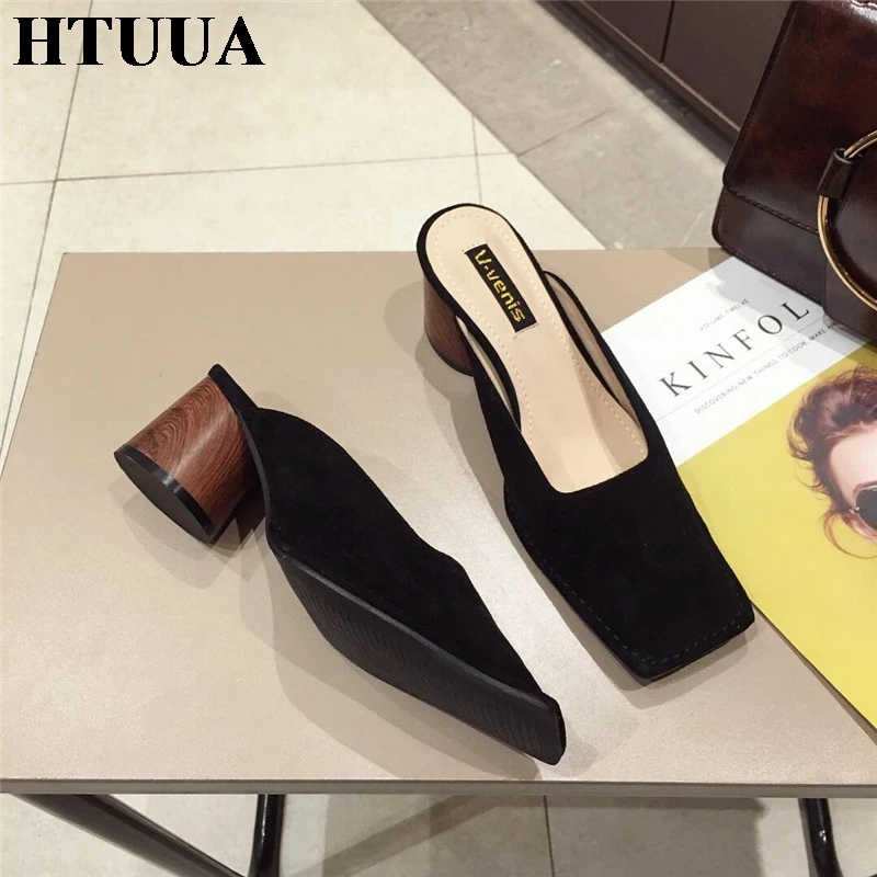 HTUUA/обувь на блочном каблуке женские шлепанцы массивном высоком с квадратным