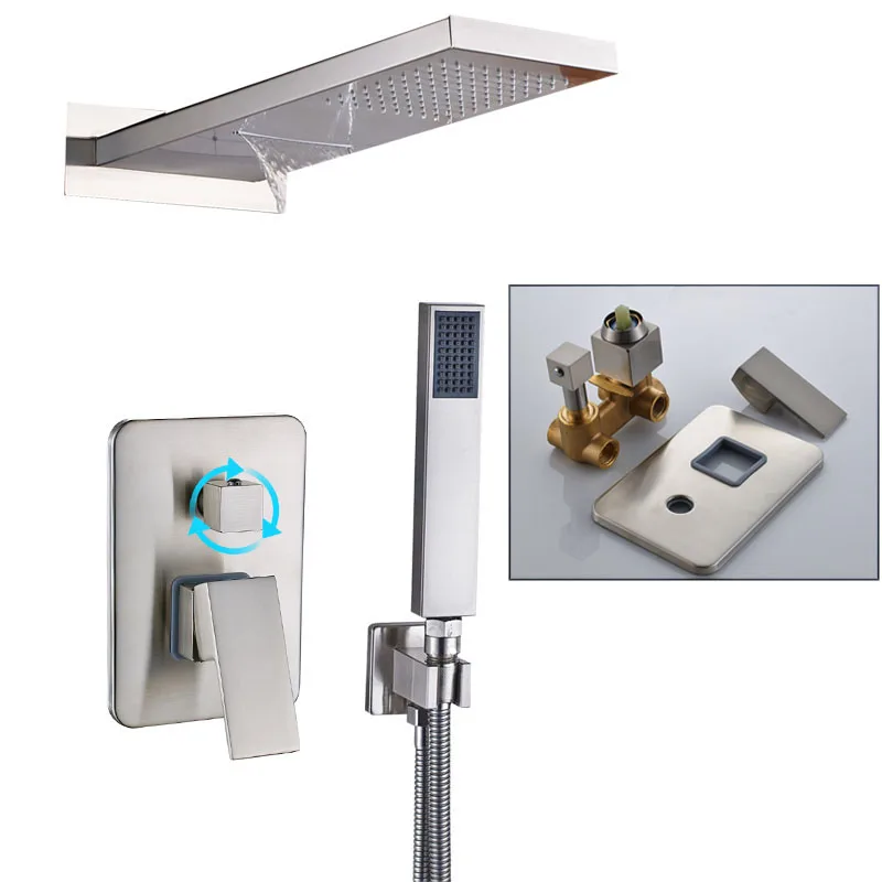Brushed Nickel Смеситель для душа с бронзовым водопадом и водопадом, однорычажный смеситель для ванной комнаты, смеситель для душа с латунным 3 способами - Цвет: Brushed Nickel