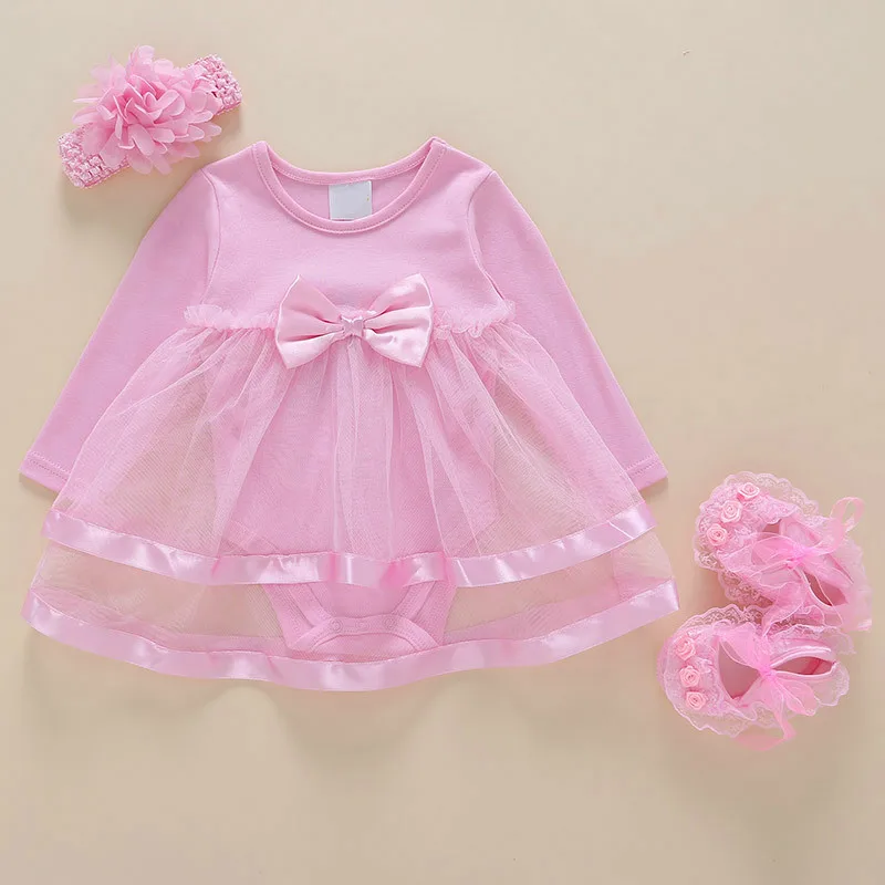 pink Детские летние платья для девочек на день рождение 0-2 года и новорожденных дешевое платье на девочку стиль Принцессы бант хлопок короткий рукав одежда младенческий дорожный костюм+туфли+лента цветы подарки для младенц - Цвет: pink