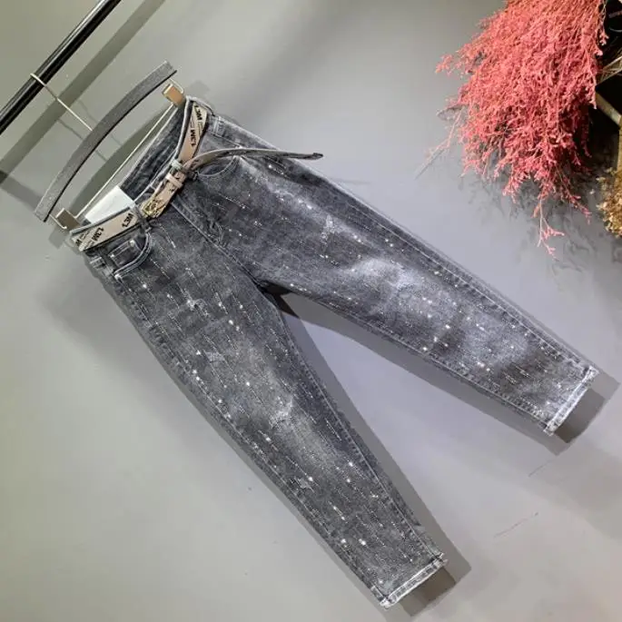 Женские серые джинсы с высокой талией свободные шаровары до щиколотки большие