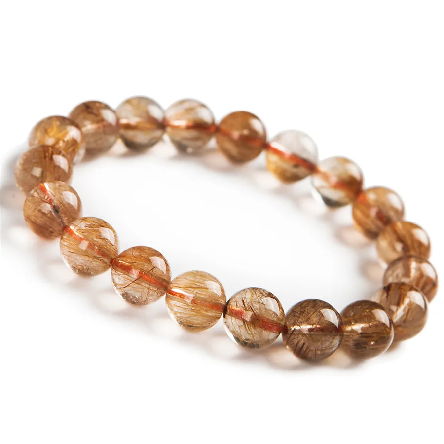 

10.5mm Elegant Genuine Natural Copper Hair Rutilated Quartz Crystal Round Beads Stretch Bracelets