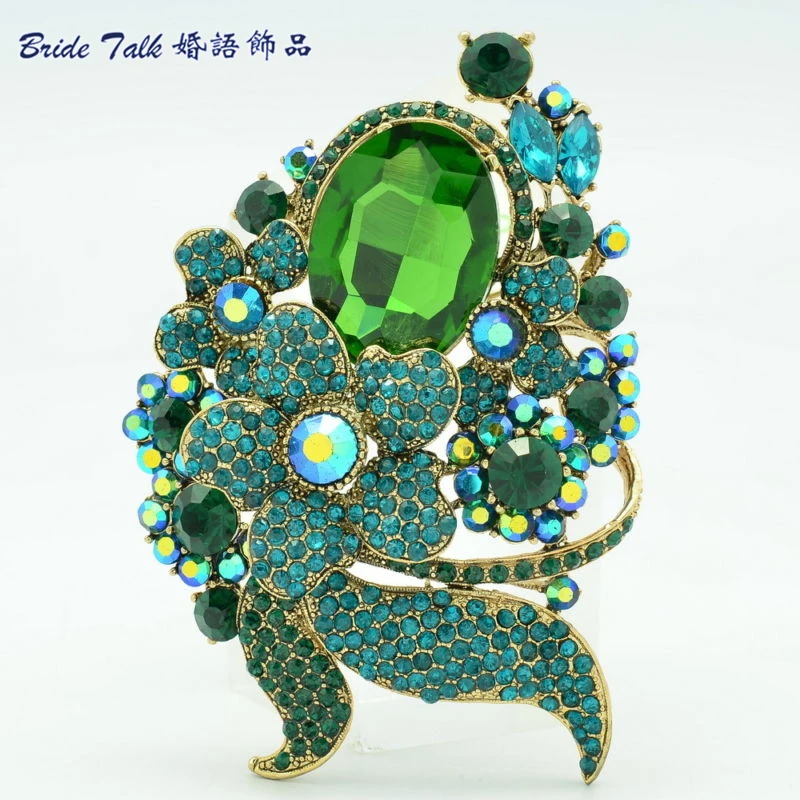 Оптовая продажа брошь в виде зеленого листа с цветком булавки стразы хрустальные